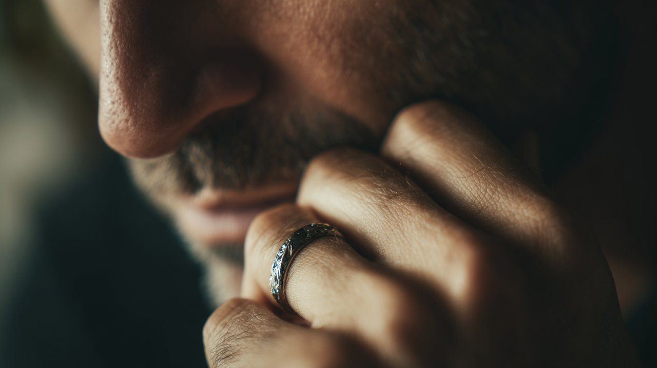 Die Hand eines Mannes, die subtil einen einzigartigen, bedeutungsvollen Ring an seinem Finger anpasst, mit einem verschwommenen Hintergrund, der einen nachdenklichen Moment oder ein bedeutendes Ereignis andeutet. Der Fokus liegt auf dem Ring und dem Gefühl der persönlichen Verbundenheit.