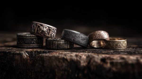 A collection of diverse men's rings from different eras, showcasing various materials and designs, arranged on a textured surface like aged wood or stone. The lighting should be dramatic, highlighting the details and historical significance.