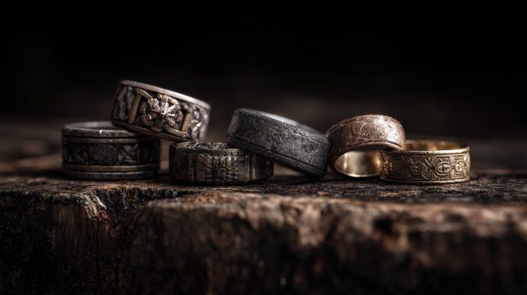 A collection of diverse men's rings from different eras, showcasing various materials and designs, arranged on a textured surface like aged wood or stone. The lighting should be dramatic, highlighting the details and historical significance.