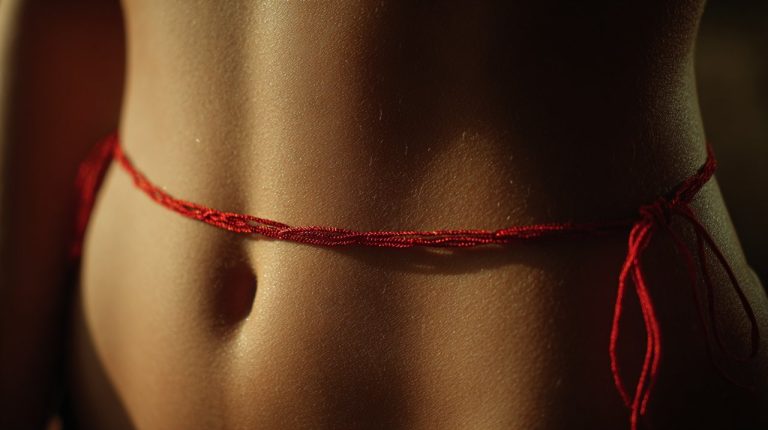 Delicate red string belly chain worn by a person.