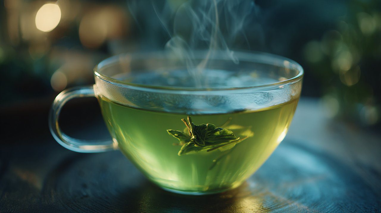 A perfectly paired green tea in a thin-walled glass teacup, showcasing its vibrant color.