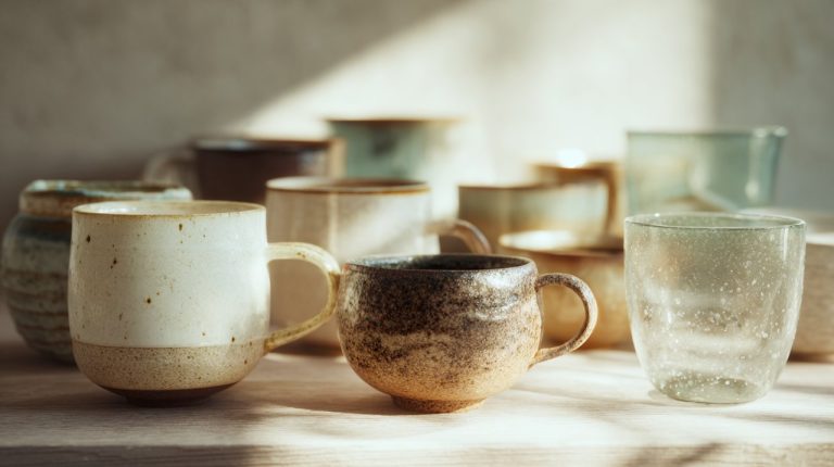 A diverse collection of teacups made from porcelain, clay, and glass.
