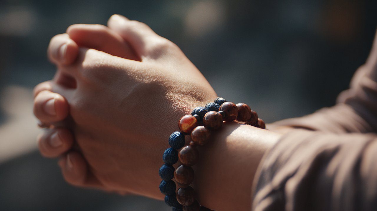 Person mindfully wearing a Tibetan bracelet, symbolizing intention.