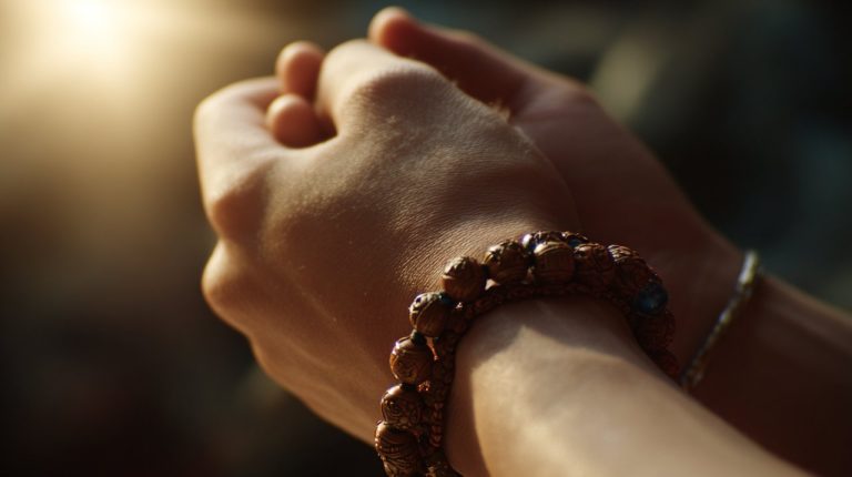 A hand gently holding a Tibetan bracelet, symbolizing inner reflection.