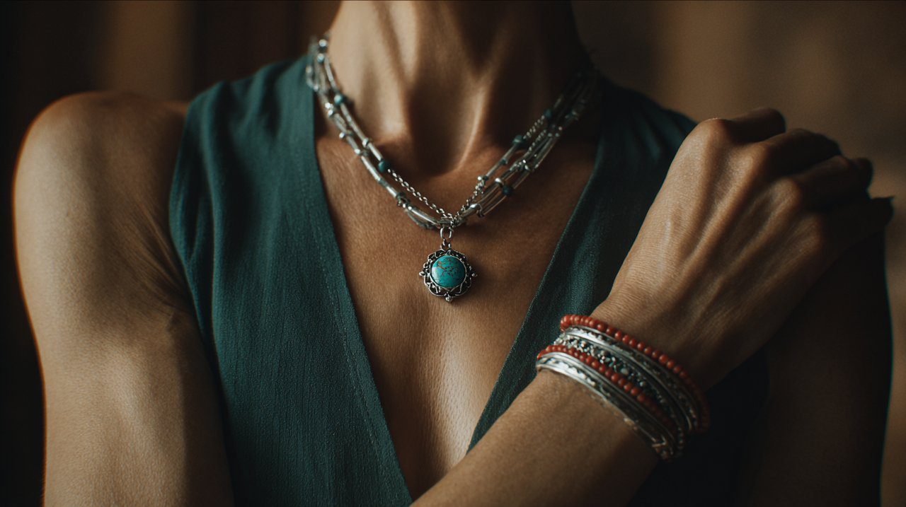 Elegant Tibetan jewelry, including a turquoise pendant necklace and silver and coral bracelets, enhancing a minimalist outfit.
