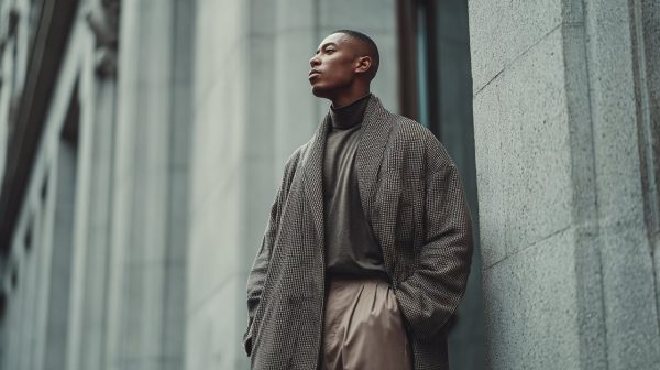 A stylish person wearing a modern, neutral-toned chuba layered over a sleek turtleneck and well-fitted trousers.