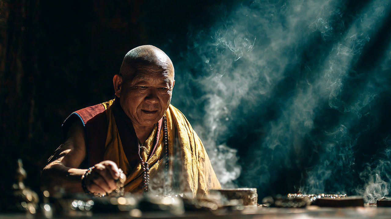 Tibetan monk performing a consecration ritual on jewelry
