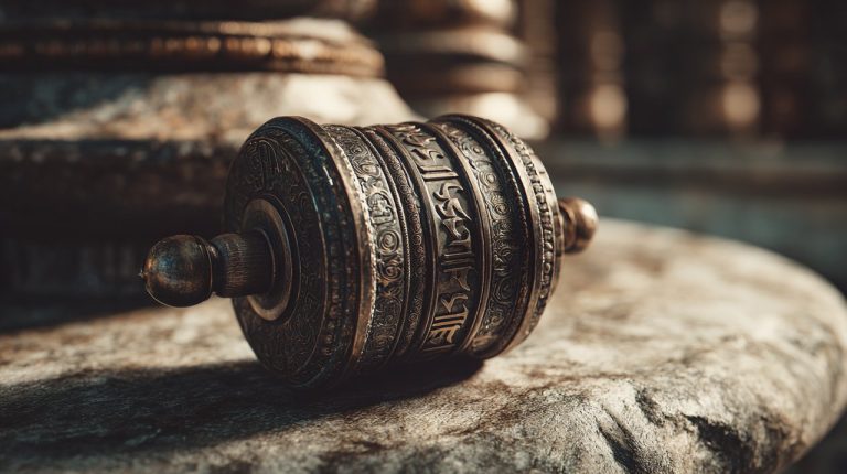 A beautifully crafted Tibetan prayer wheel in serene settings.