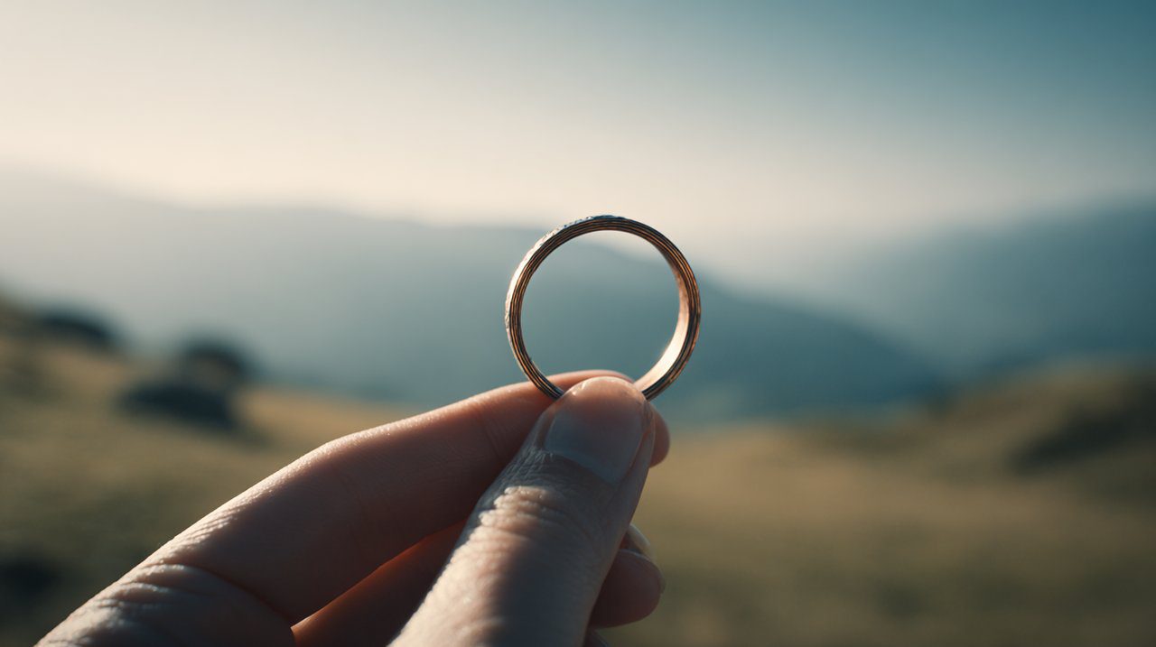 A hand wearing a Tibetan ring in a peaceful, natural setting.