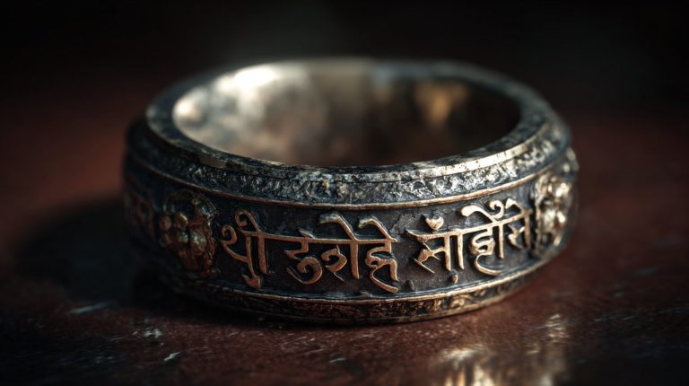 A close-up of an intricately designed Tibetan prayer ring.