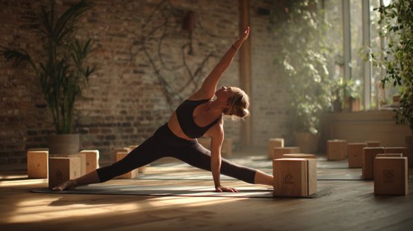 Yoga blocks supporting a person in a challenging pose.