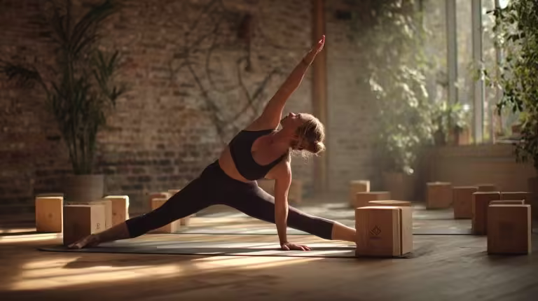 Yoga blocks supporting a person in a challenging pose.