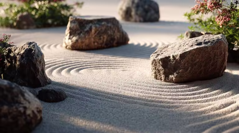 A serene Japanese Zen garden with raked white sand, large stones, and a minimalist aesthetic.