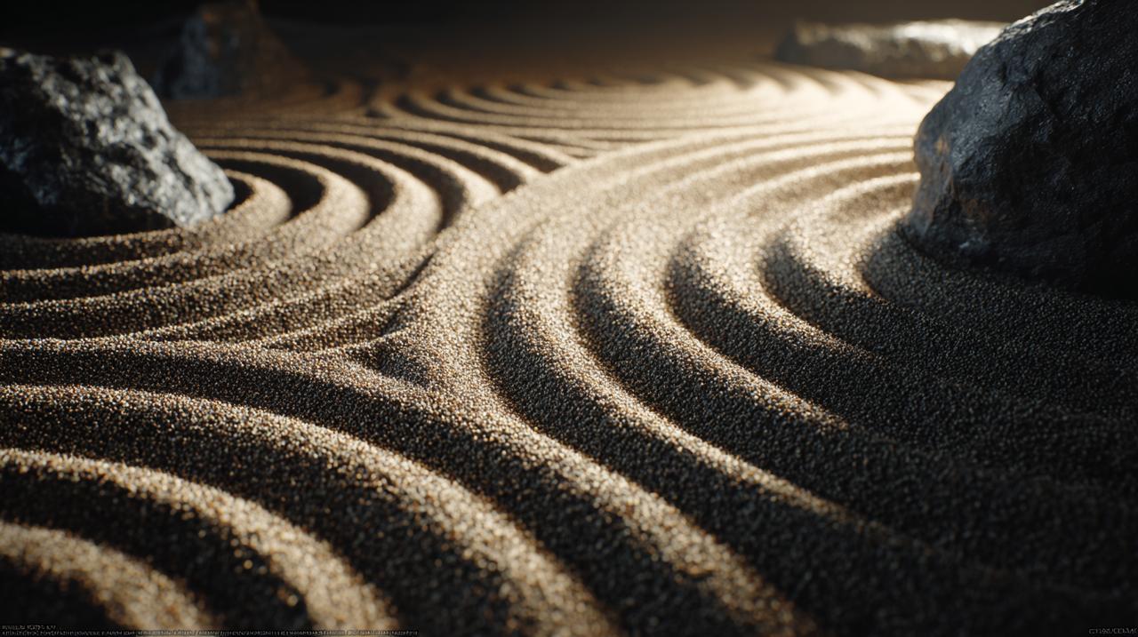 Close-up of intricate raked sand patterns in a Japanese Zen garden, resembling water ripples.