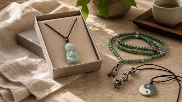 Meaningful necklace gift with jade Buddha pendant, mala beads, and spiritual pendant