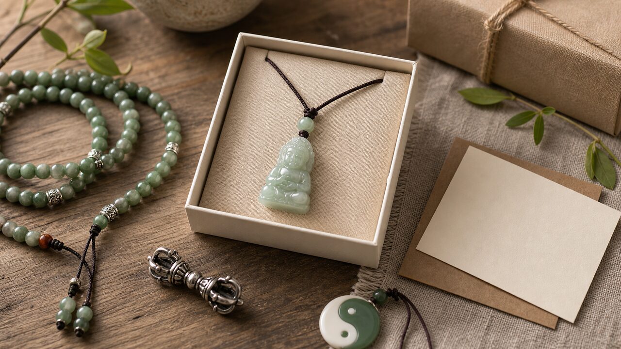 Natural stone pendant gift detail with blank note card Natural stone pendant gift with mala beads, spiritual pendant, and blank note card