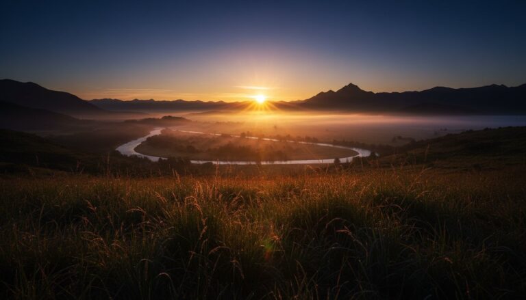 Cinematic sunrise with gold light breaking indigo sky