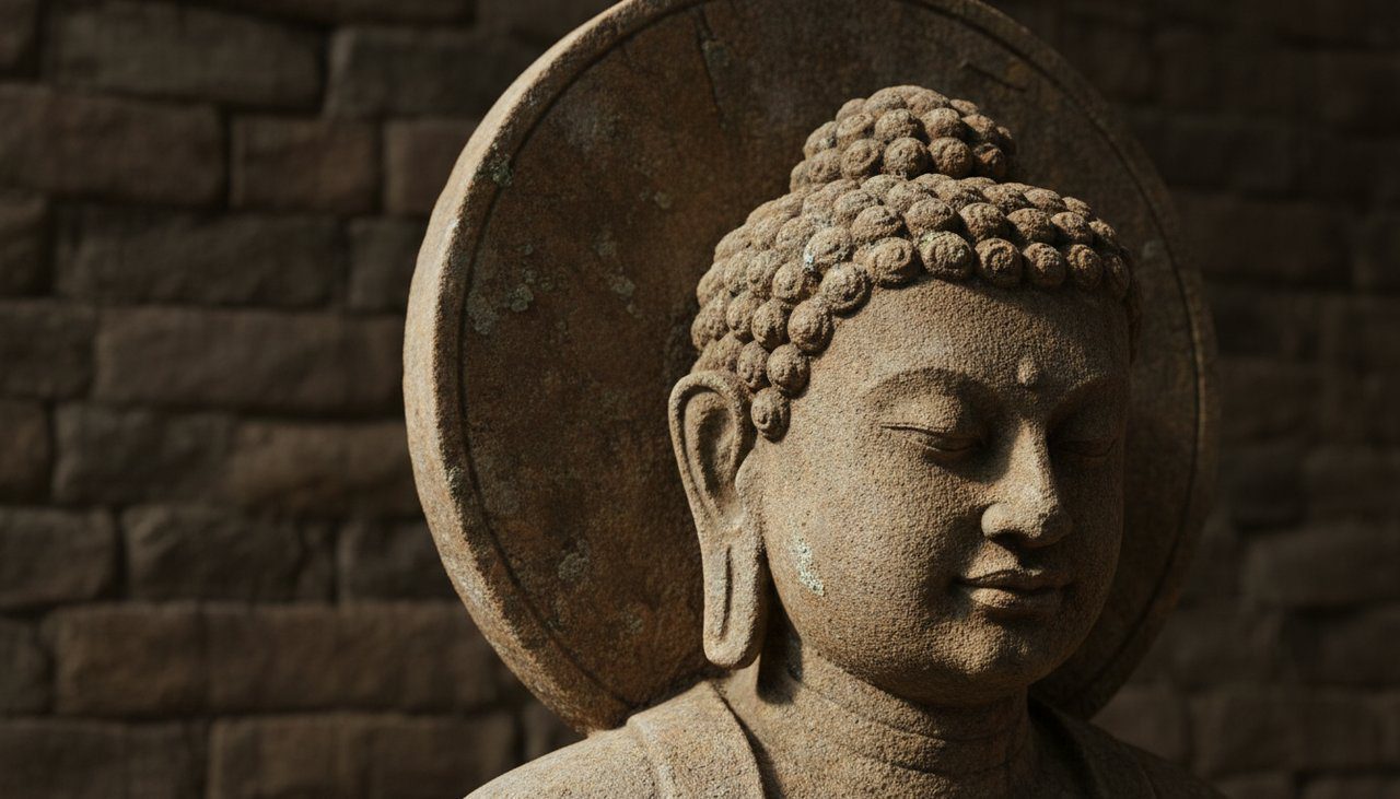 Ancient stone Buddha statue with a circular halo