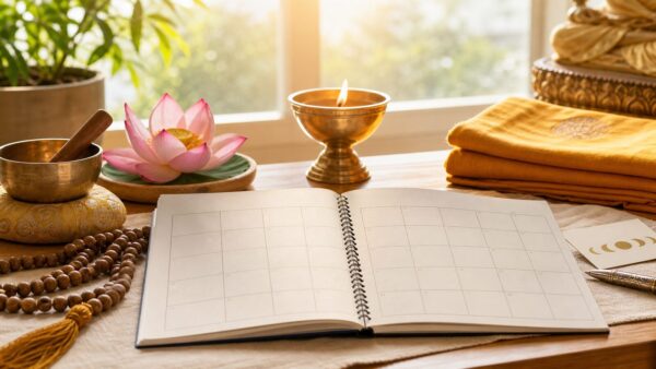 Bright Buddhist observance calendar with mala beads, lotus flower, offering bowl, lamp, and warm morning light