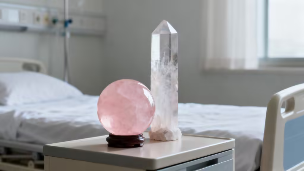 A balanced arrangement of crystals on a hospital bedside table