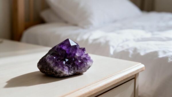 A deep purple amethyst cluster on a wooden table in a sunlit room