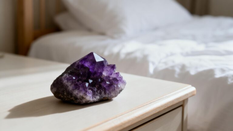 A deep purple amethyst cluster on a wooden table in a sunlit room