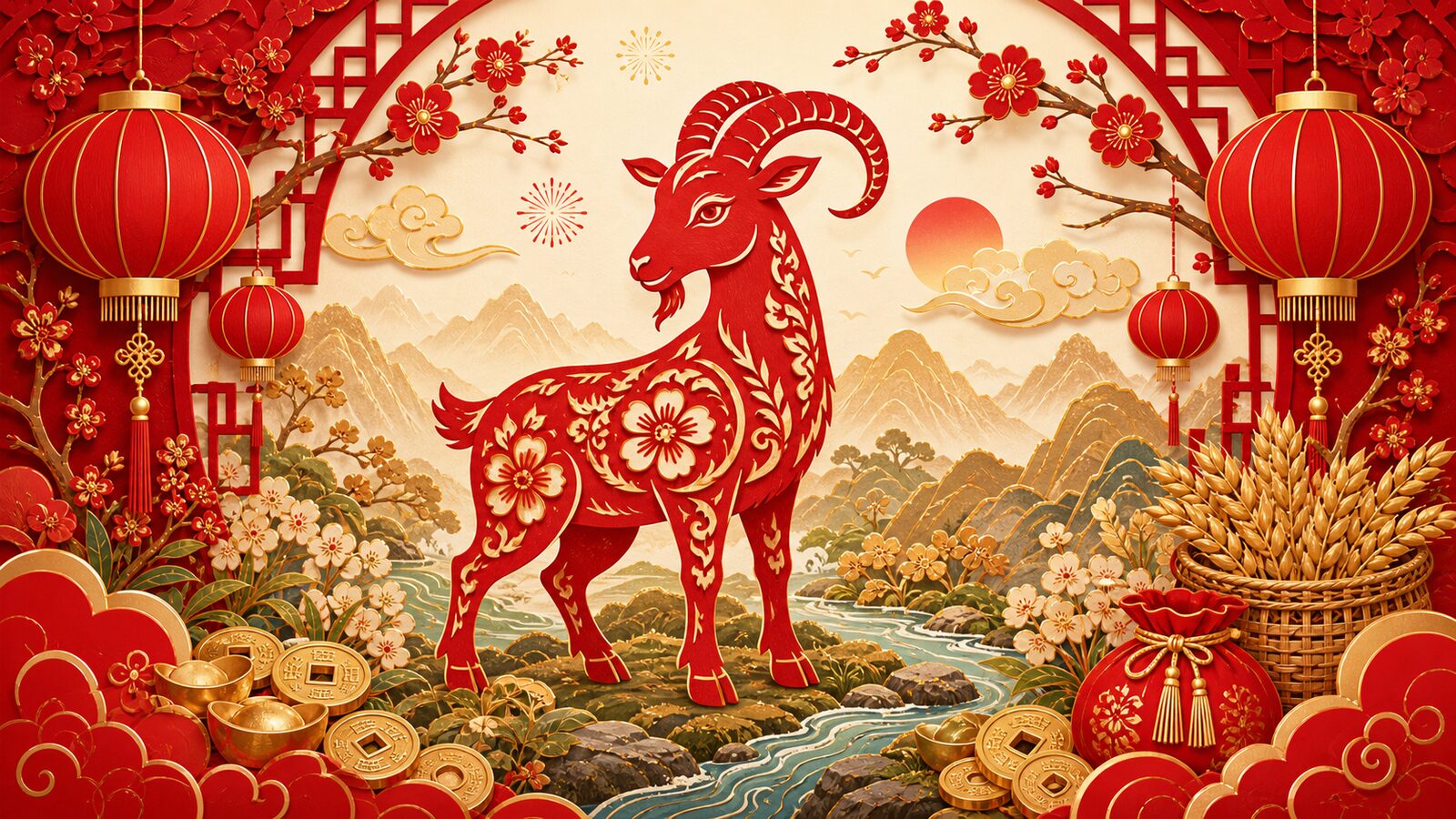 Chinese Zodiac Goat Festive Papercut Chinese Zodiac Goat festive red paper-cut illustration with lanterns, plum blossoms, mountains, stream, grain, gold coins, and gentle harmony