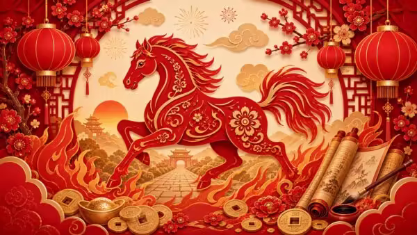 Chinese Zodiac Horse festive red paper-cut illustration with lanterns, plum blossoms, fire motifs, scripture scrolls, gold coins, and forward movement