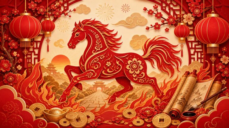 Chinese Zodiac Horse festive red paper-cut illustration with lanterns, plum blossoms, fire motifs, scripture scrolls, gold coins, and forward movement