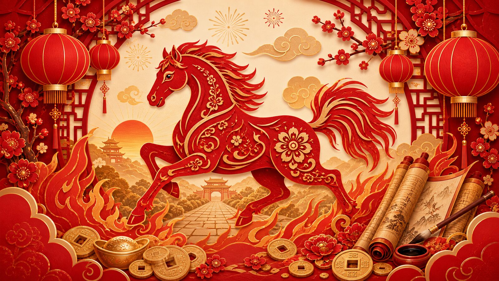 Chinese Zodiac Horse Festive Papercut Chinese Zodiac Horse festive red paper-cut illustration with lanterns, plum blossoms, fire motifs, scripture scrolls, gold coins, and forward movement