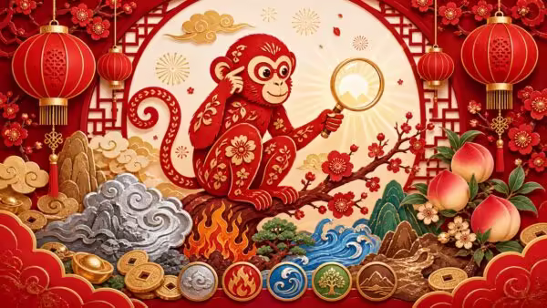 Chinese Zodiac Monkey festive red paper-cut illustration with lanterns, plum blossoms, five-element motifs, peaches, gold coins, and focused perception