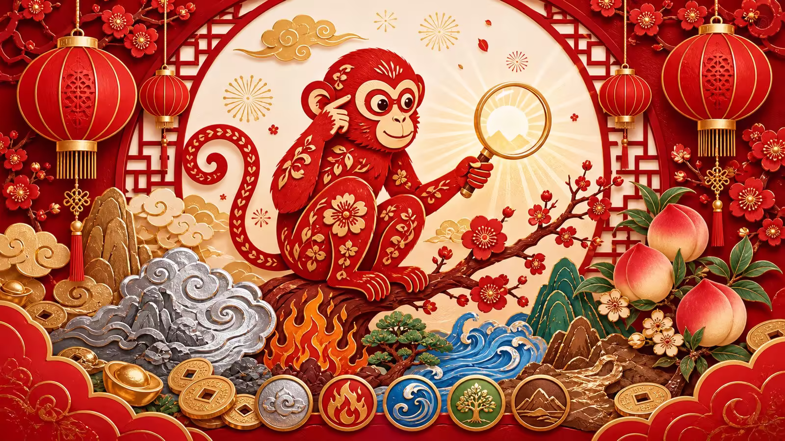 Chinese Zodiac Monkey Festive Papercut Chinese Zodiac Monkey festive red paper-cut illustration with lanterns, plum blossoms, five-element motifs, peaches, gold coins, and focused perception