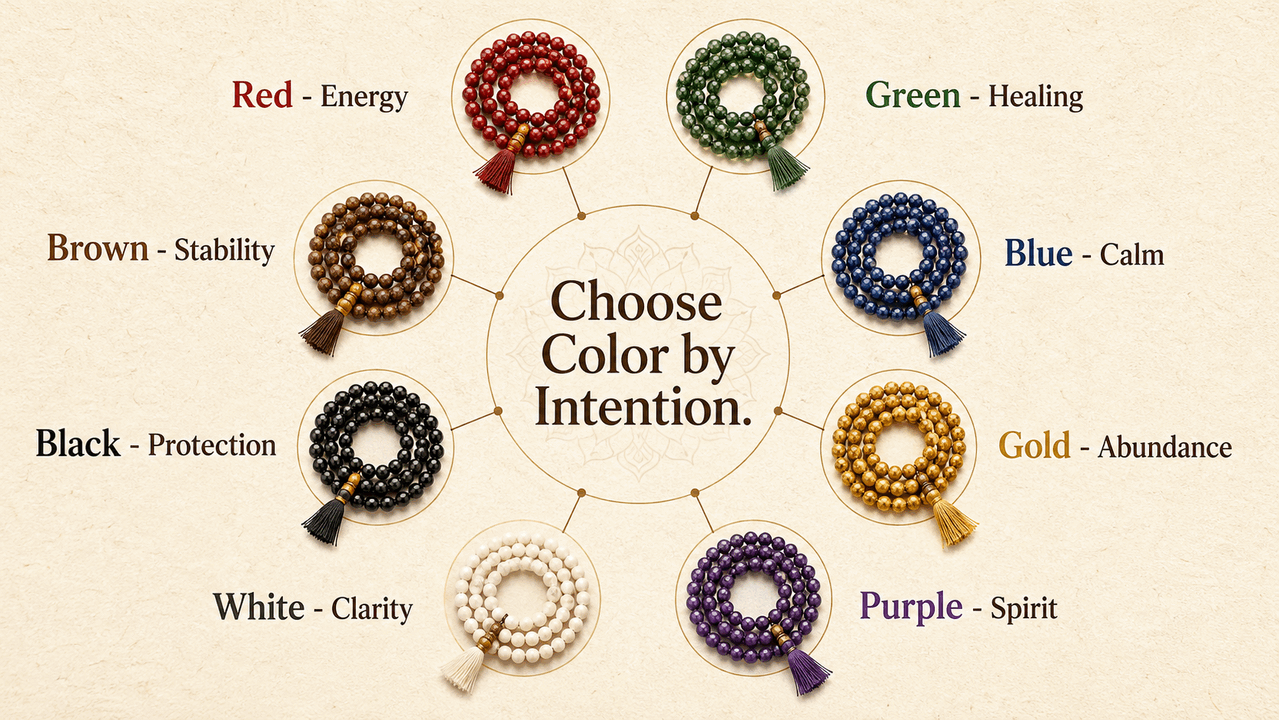 Mala Color Intention Guide Mala bead color intention guide with red green blue gold purple white black and brown meanings