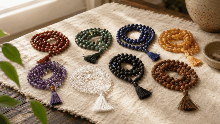 Colored mala beads arranged for mala color meditation symbolism