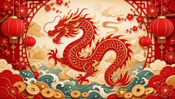 Chinese Zodiac Dragon festive red paper-cut illustration with flowing clouds, waves, lanterns, plum blossoms, gold coins, and mist