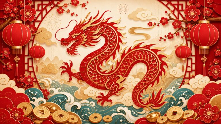 Chinese Zodiac Dragon festive red paper-cut illustration with flowing clouds, waves, lanterns, plum blossoms, gold coins, and mist