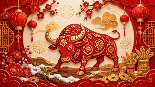 Chinese Zodiac Ox festive red paper-cut illustration with lanterns, plum blossoms, gold coins, grain, and spring soil