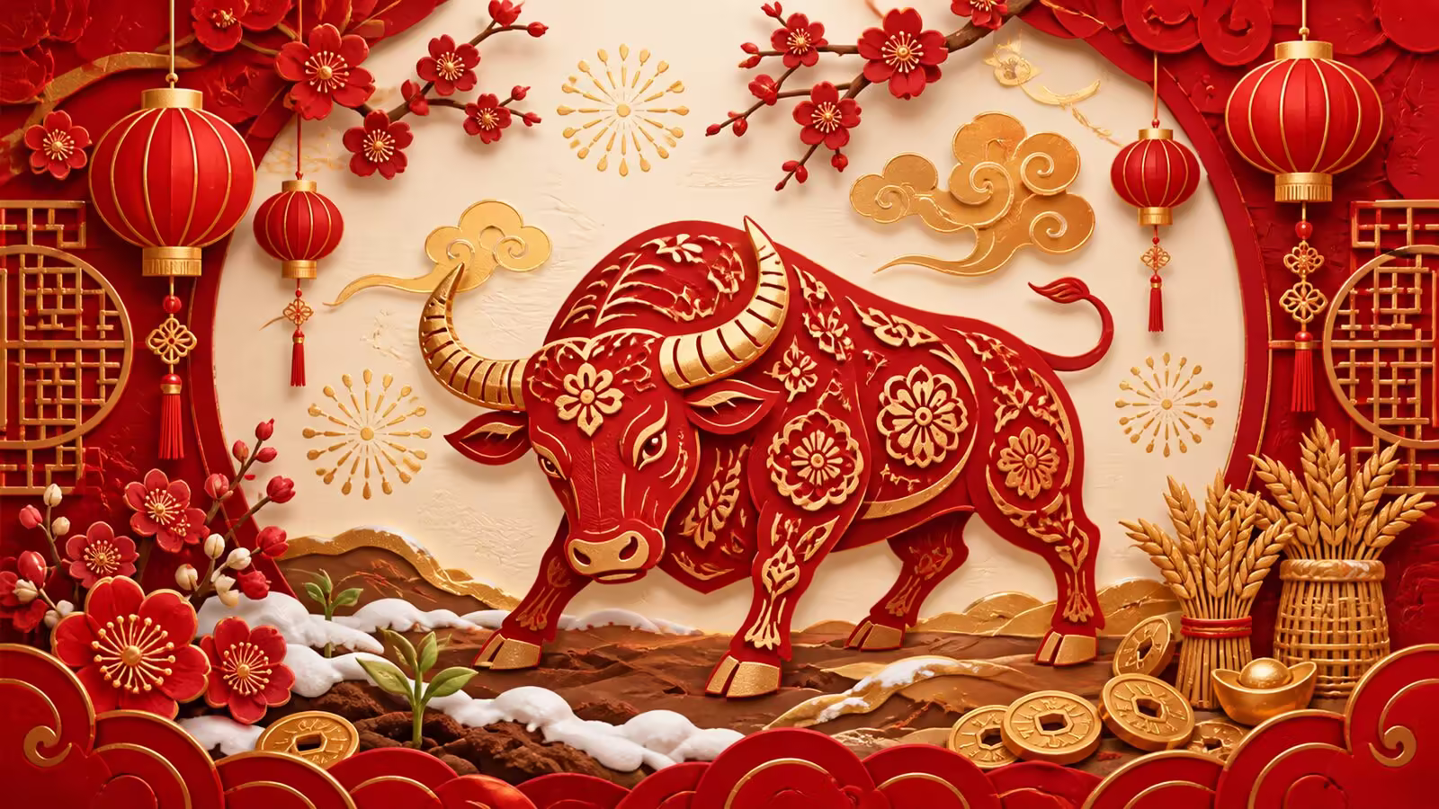 Chinese Zodiac Ox Festive Papercut Chinese Zodiac Ox festive red paper-cut illustration with lanterns, plum blossoms, gold coins, grain, and spring soil