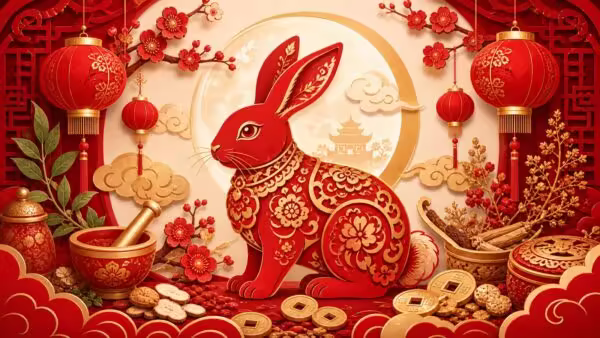 Chinese Zodiac Rabbit festive red paper-cut illustration with moon, mortar and pestle, lanterns, plum blossoms, herbs, and protective motifs