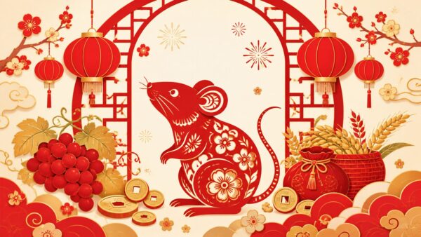 Chinese Zodiac Rat festive red paper-cut illustration with lanterns, gold coins, grapes, grain, and plum blossoms