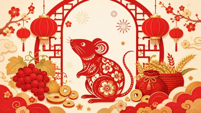 Chinese Zodiac Rat festive red paper-cut illustration with lanterns, gold coins, grapes, grain, and plum blossoms