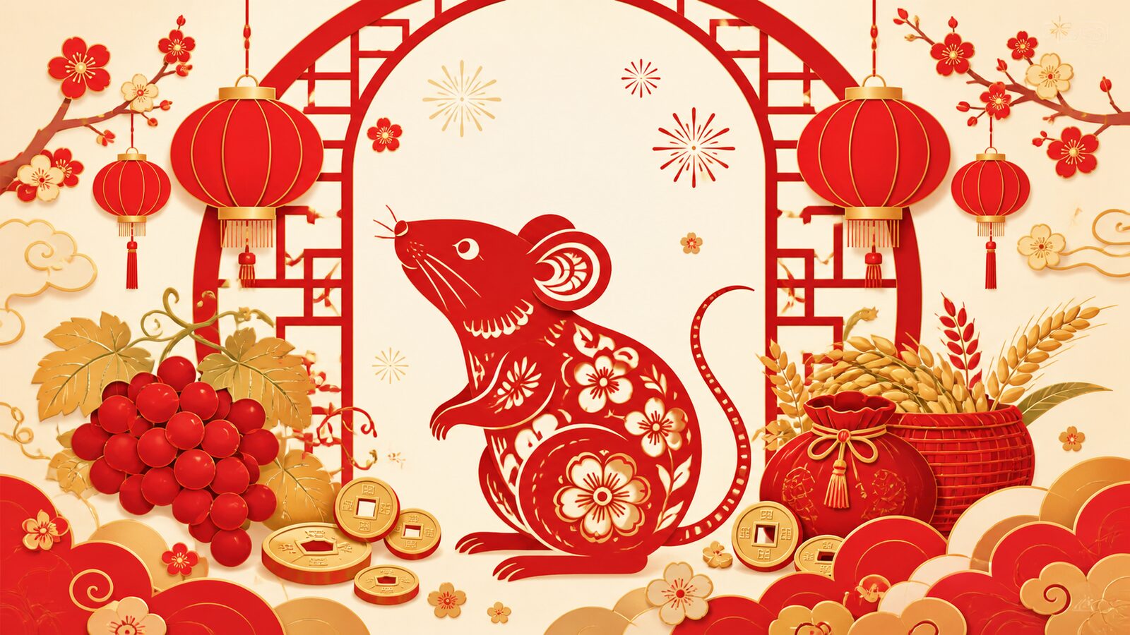Chinese Zodiac Rat Festive Papercut Chinese Zodiac Rat festive red paper-cut illustration with lanterns, gold coins, grapes, grain, and plum blossoms