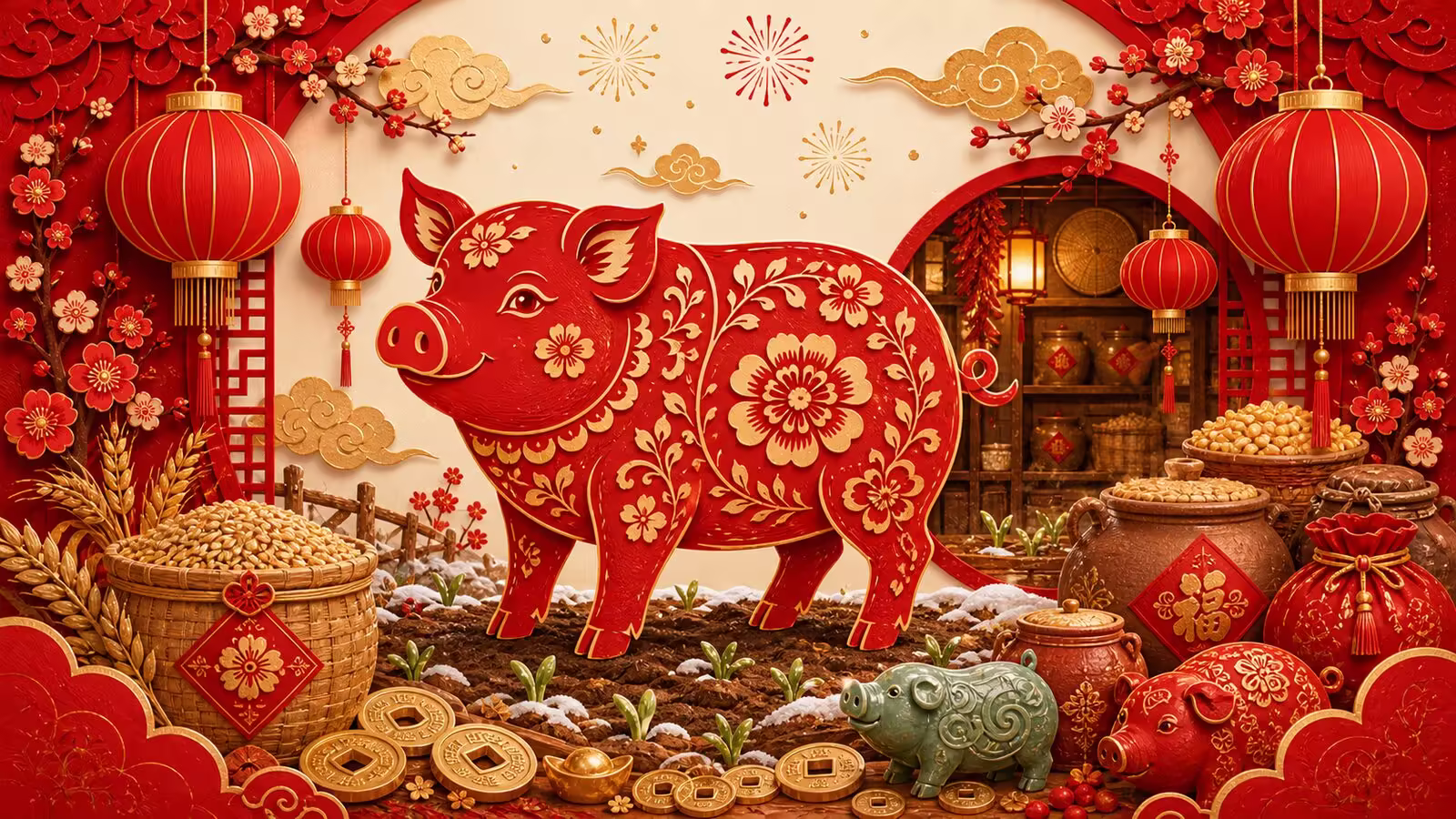 Chinese Zodiac Pig Festive Papercut Chinese Zodiac Pig festive red paper-cut illustration with lanterns, plum blossoms, grain baskets, gold coins, storehouse vessels, winter soil, and spring sprouts