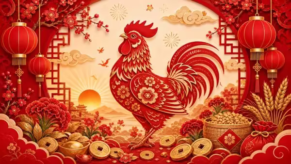 Chinese Zodiac Rooster festive red paper-cut illustration with sunrise, lanterns, plum blossoms, cockscomb flowers, gold coins, and grain