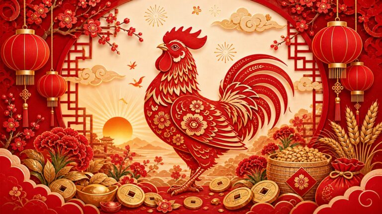 Chinese Zodiac Rooster festive red paper-cut illustration with sunrise, lanterns, plum blossoms, cockscomb flowers, gold coins, and grain