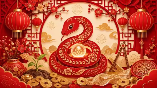 Chinese Zodiac Snake festive red paper-cut illustration with coiled serpent, pearl of wisdom, lanterns, plum blossoms, earth sprouts, and renewal motifs