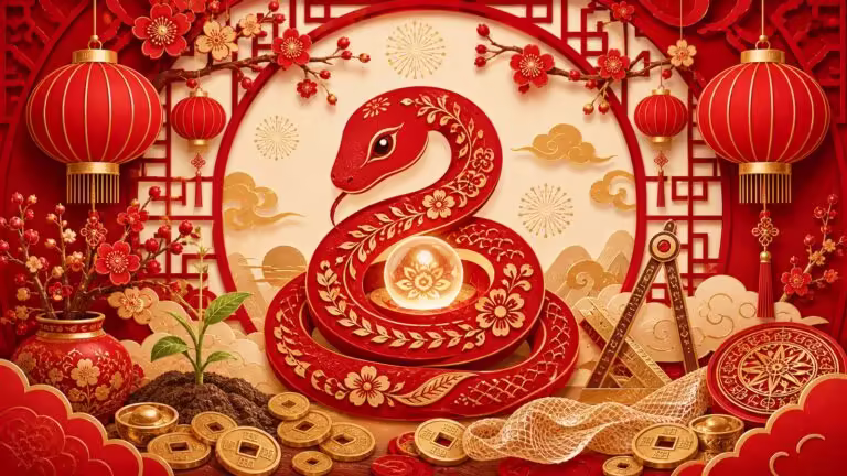 Chinese Zodiac Snake festive red paper-cut illustration with coiled serpent, pearl of wisdom, lanterns, plum blossoms, earth sprouts, and renewal motifs