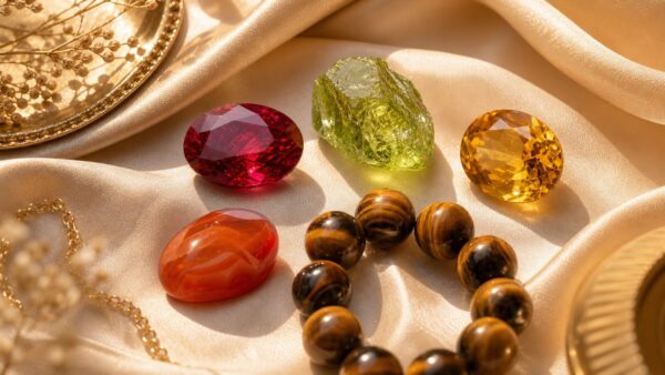 Leo birthstones including ruby, peridot, citrine, carnelian, and tiger eye on warm silk