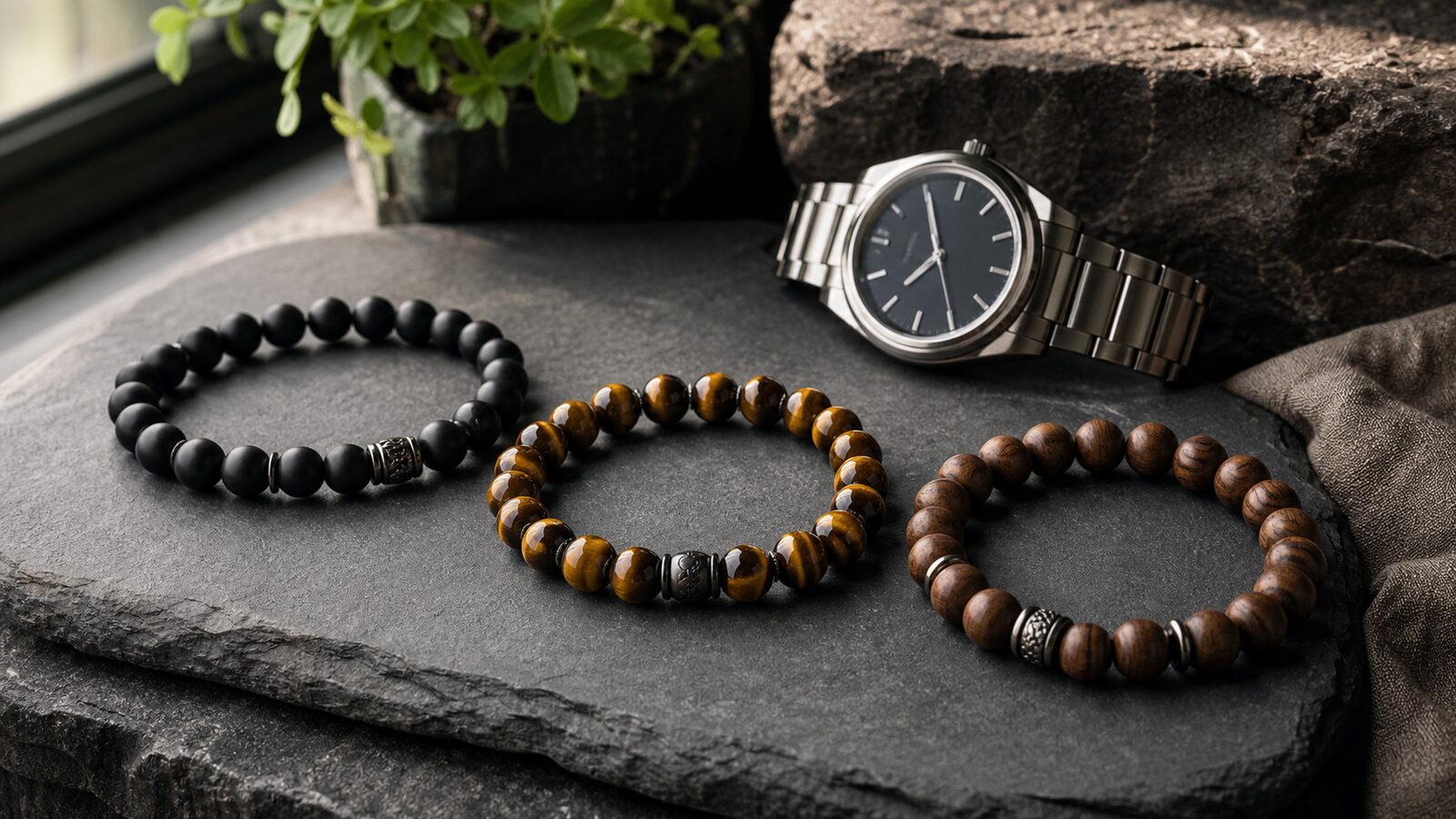 Men’s beaded bracelets on slate Three men’s beaded bracelets arranged on dark slate beside a simple watch
