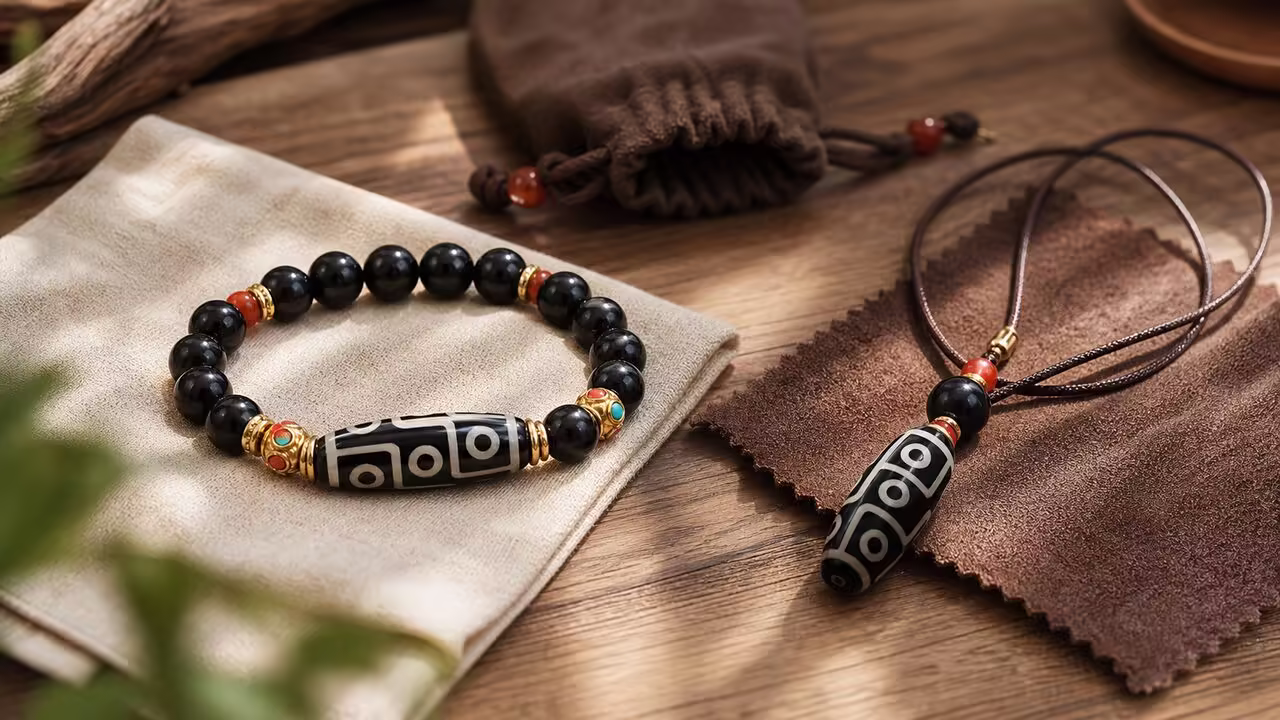 Nine-Eye Dzi bracelet and pendant beside a soft cloth and storage pouch